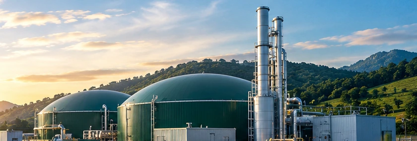 Anaerobic digesters and renewable-gas processing equipment in a green landscape