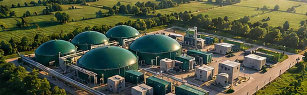 Aerial illustration of a constructed industrial biogas facility