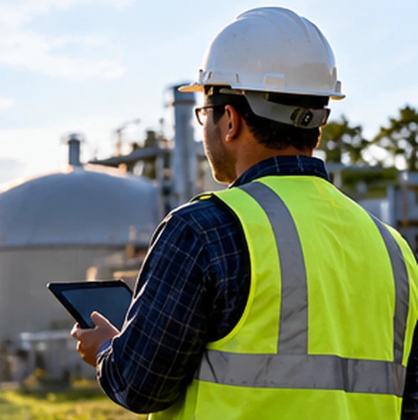 Engineer with tablet at an industrial energy installation