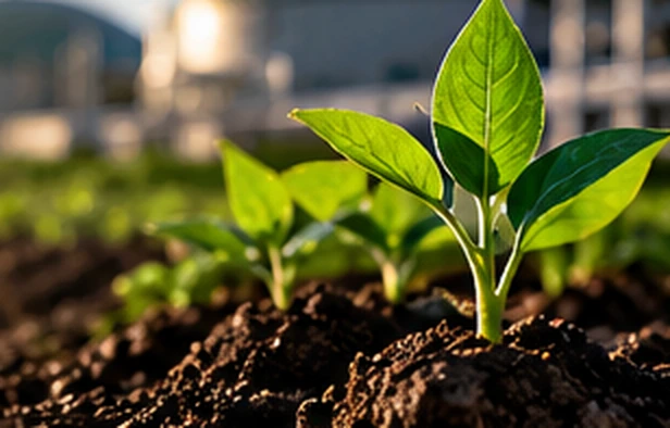 Green seedlings in cultivated soil with an industrial site softly out of focus